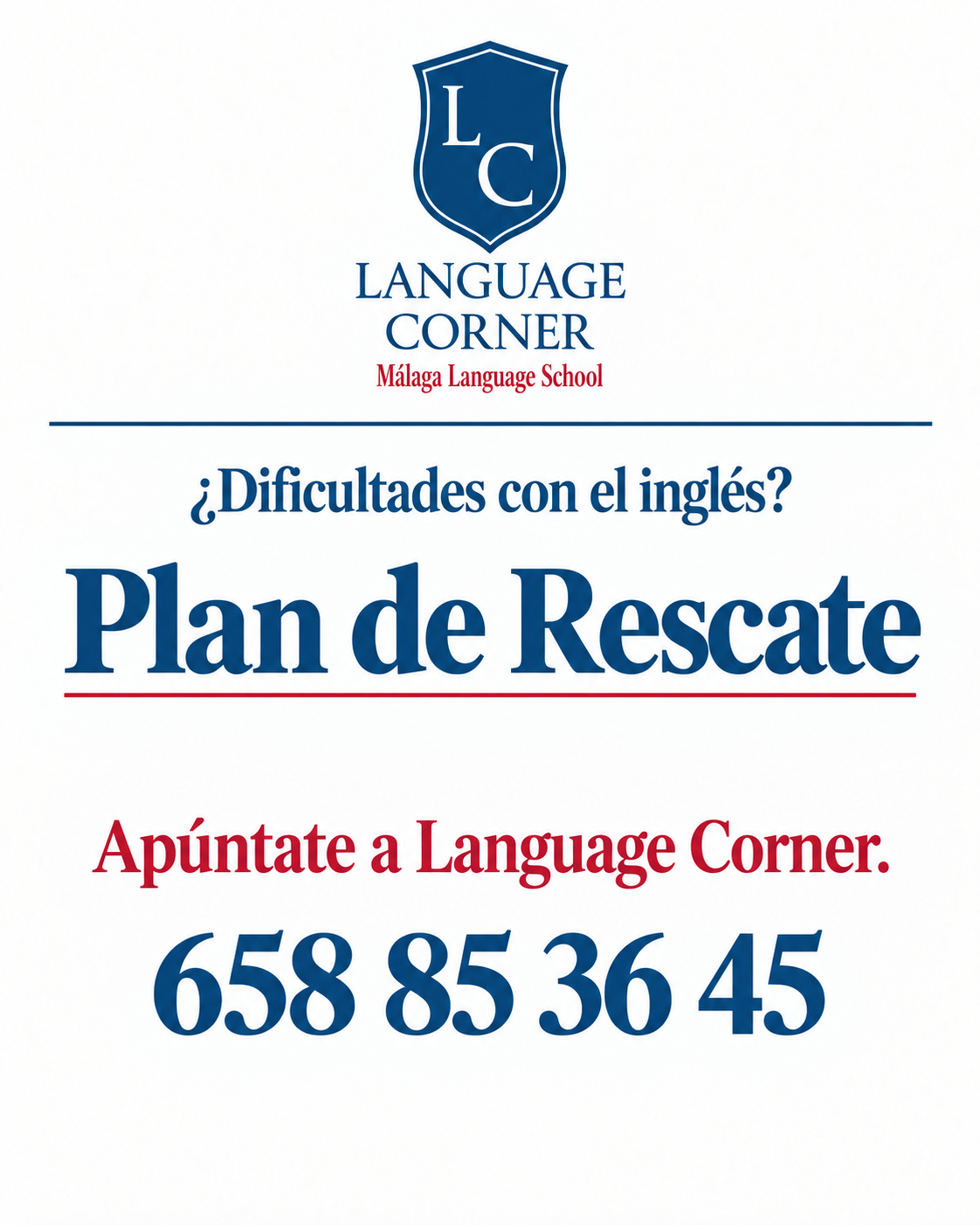 Cartel Plan de Rescate de inglés de Language Corner
